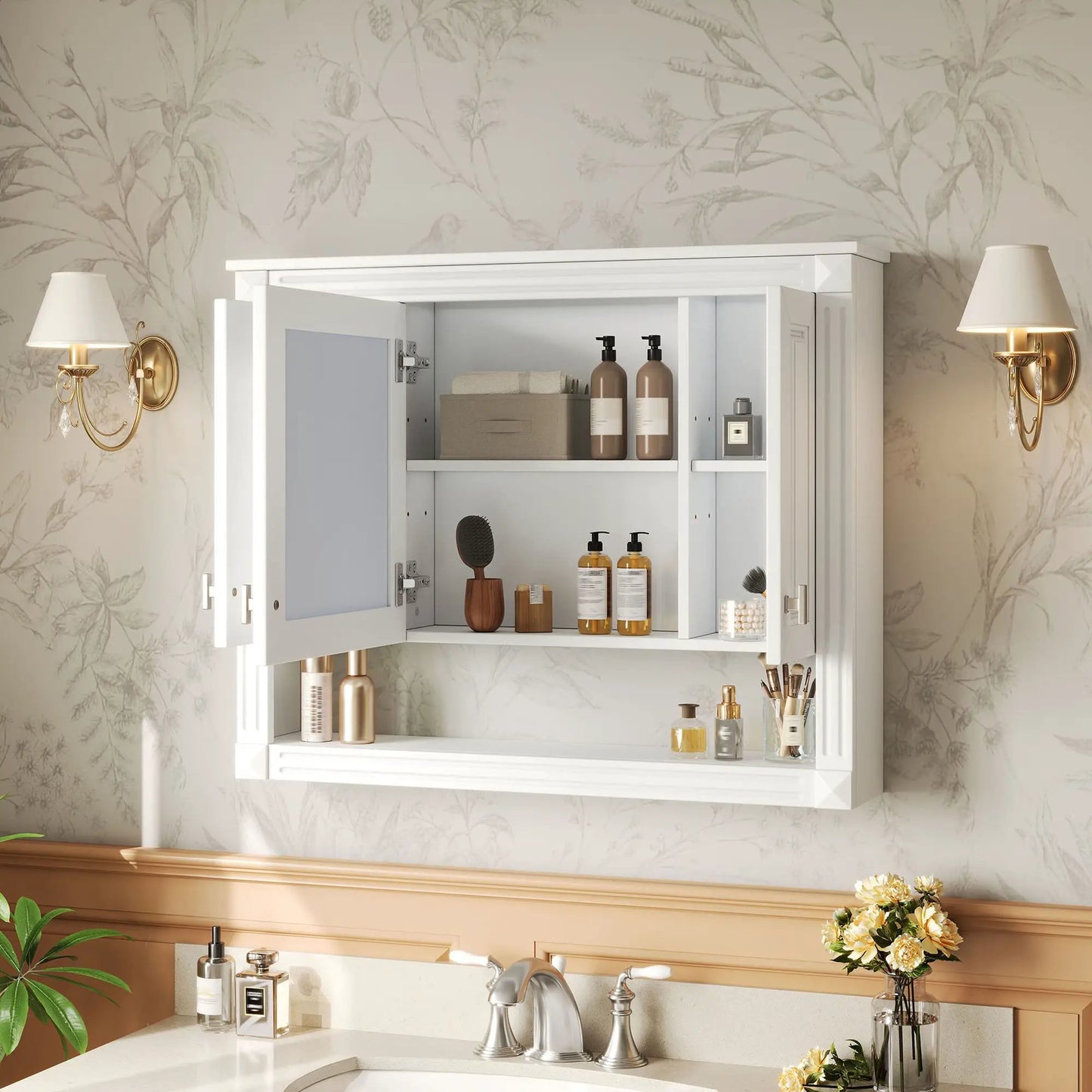 Wall Mounted Cabinet with Mirror and Open Shelf