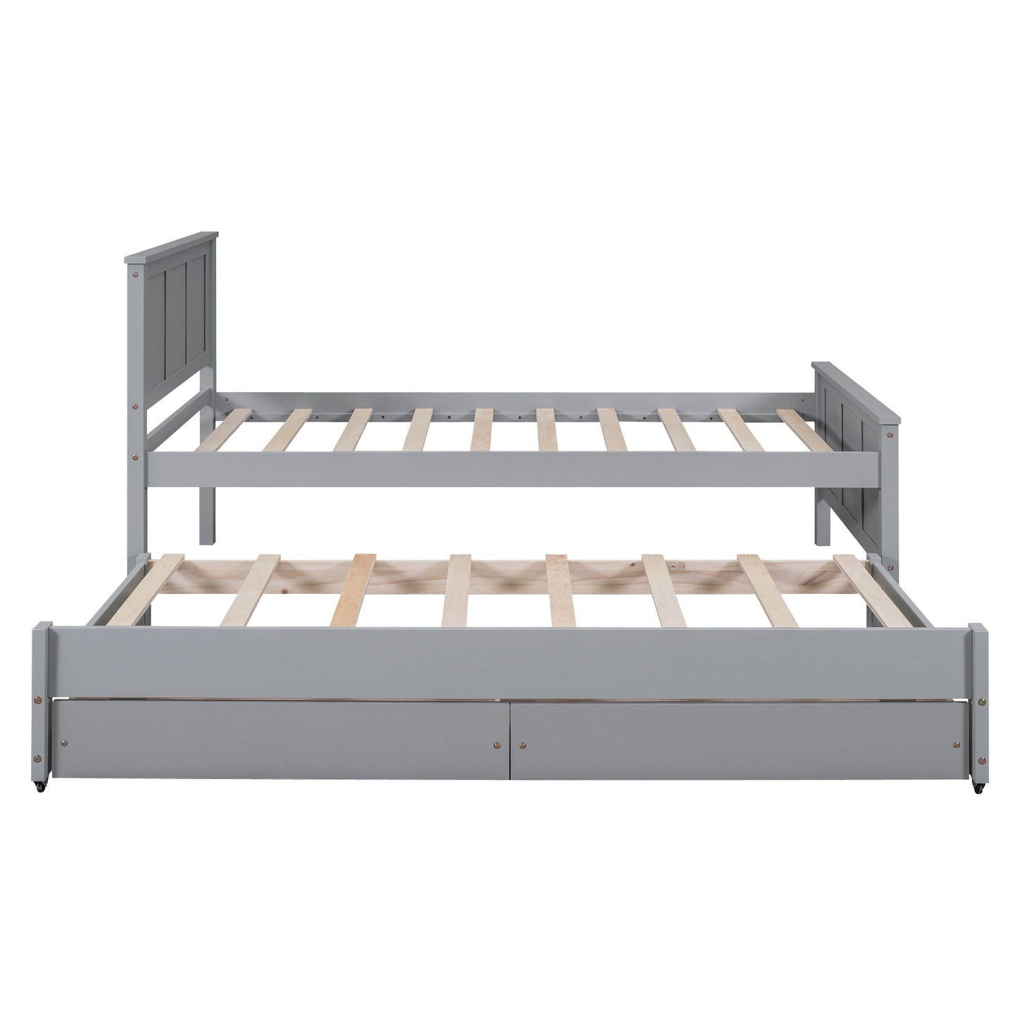 Platform bed with trundle and drawers gray wood frame by HouseOfZazla with slatted headboard on Tampa Home & Garden Store