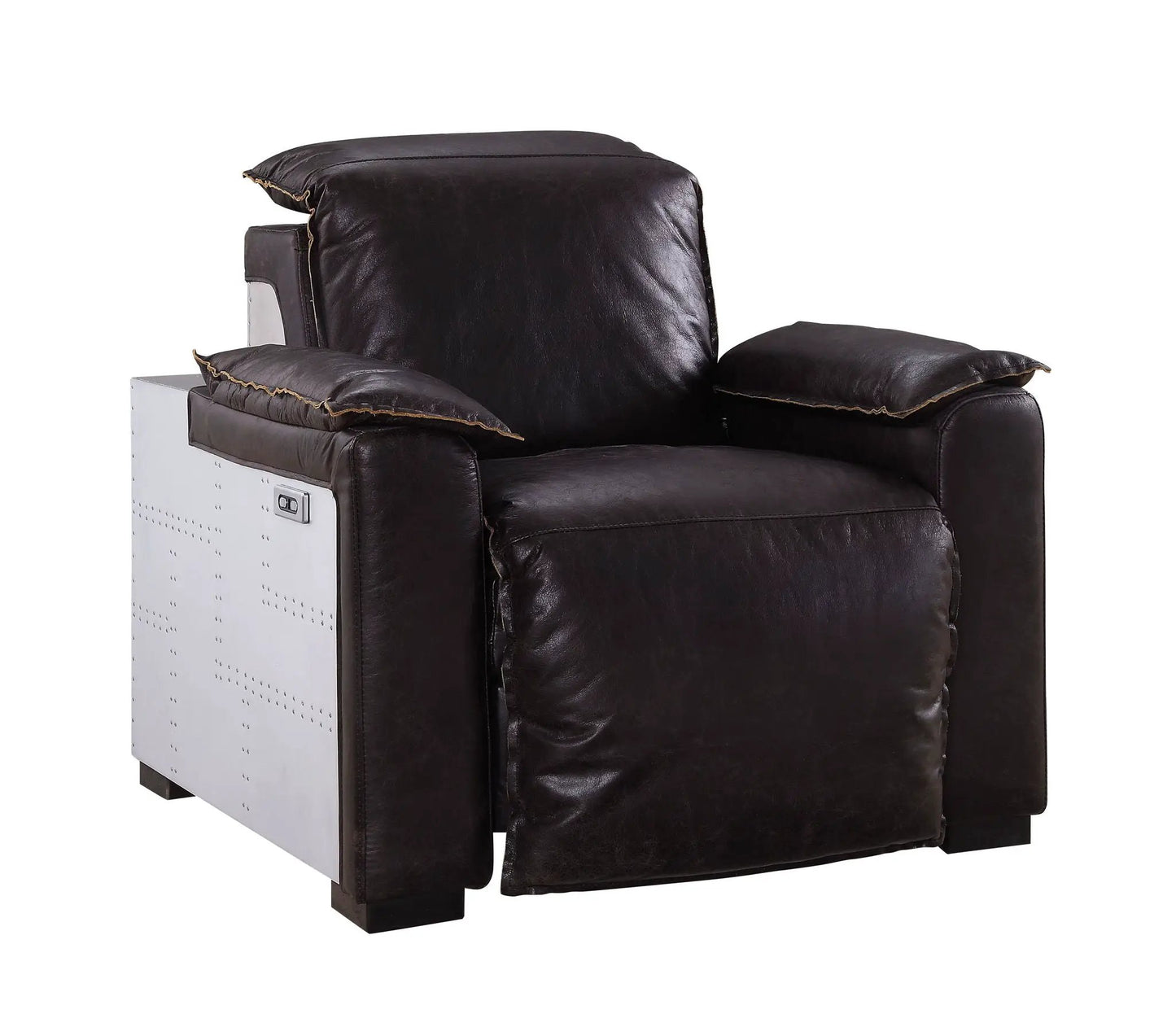Top grain leather power motion recliner in dark brown with metal base on Tampa Home & Garden Store
