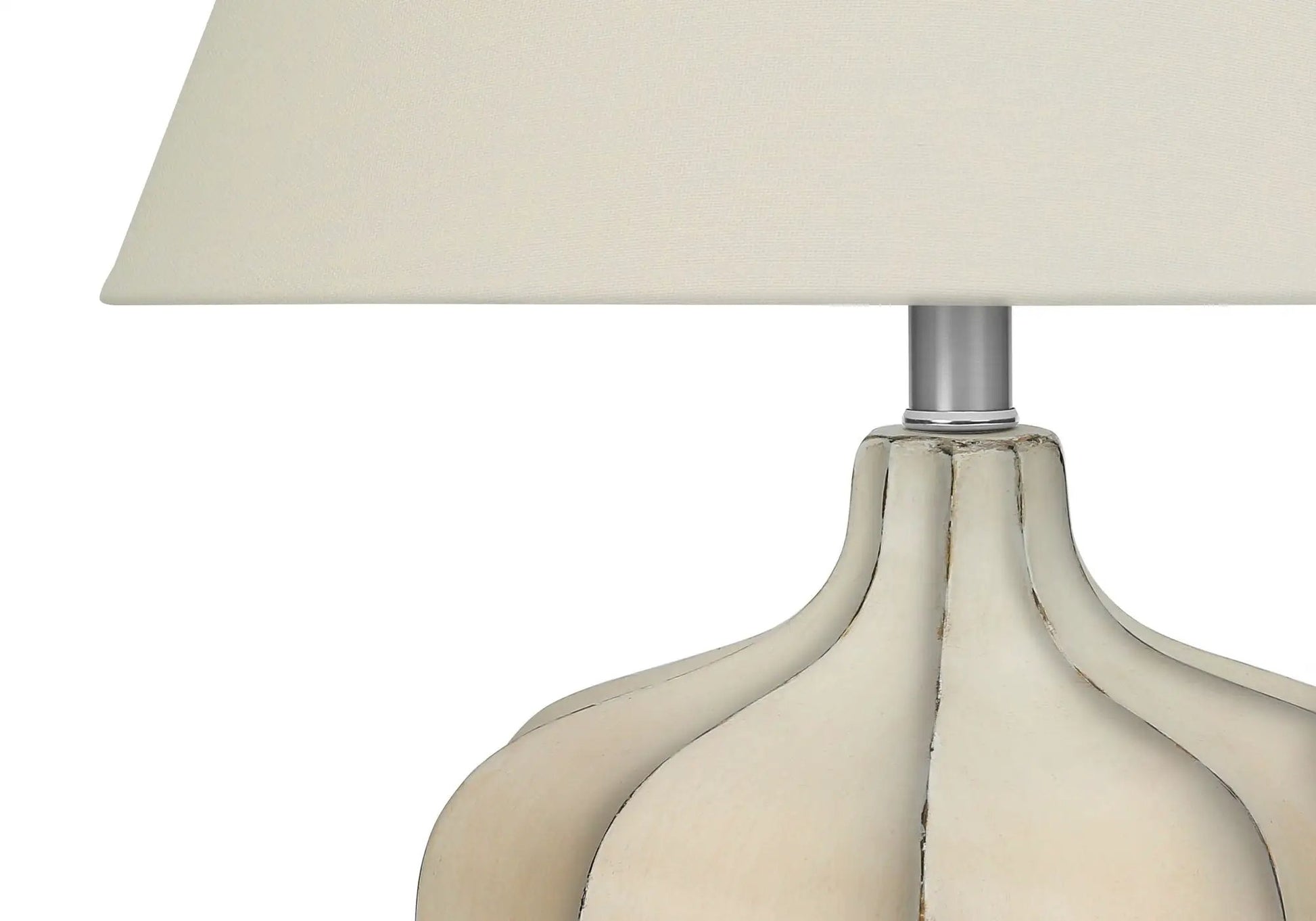 Resin transitional table lamp with cream fabric shade and distressed ivory base on Tampa Home & Garden Store