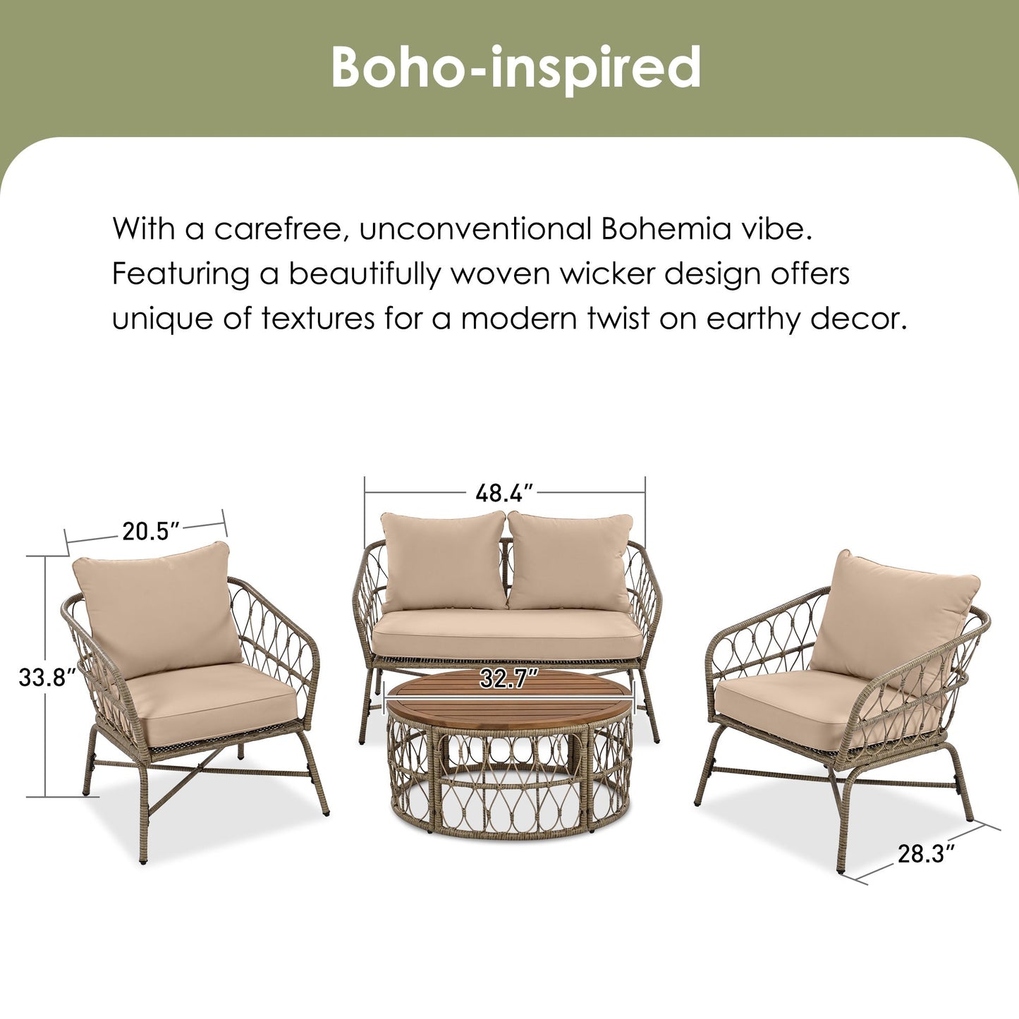 Bohemia-Inspired 4-Person Outdoor Seating Group with Removable Beige Cushions in wicker on Tampa Home & Garden Store