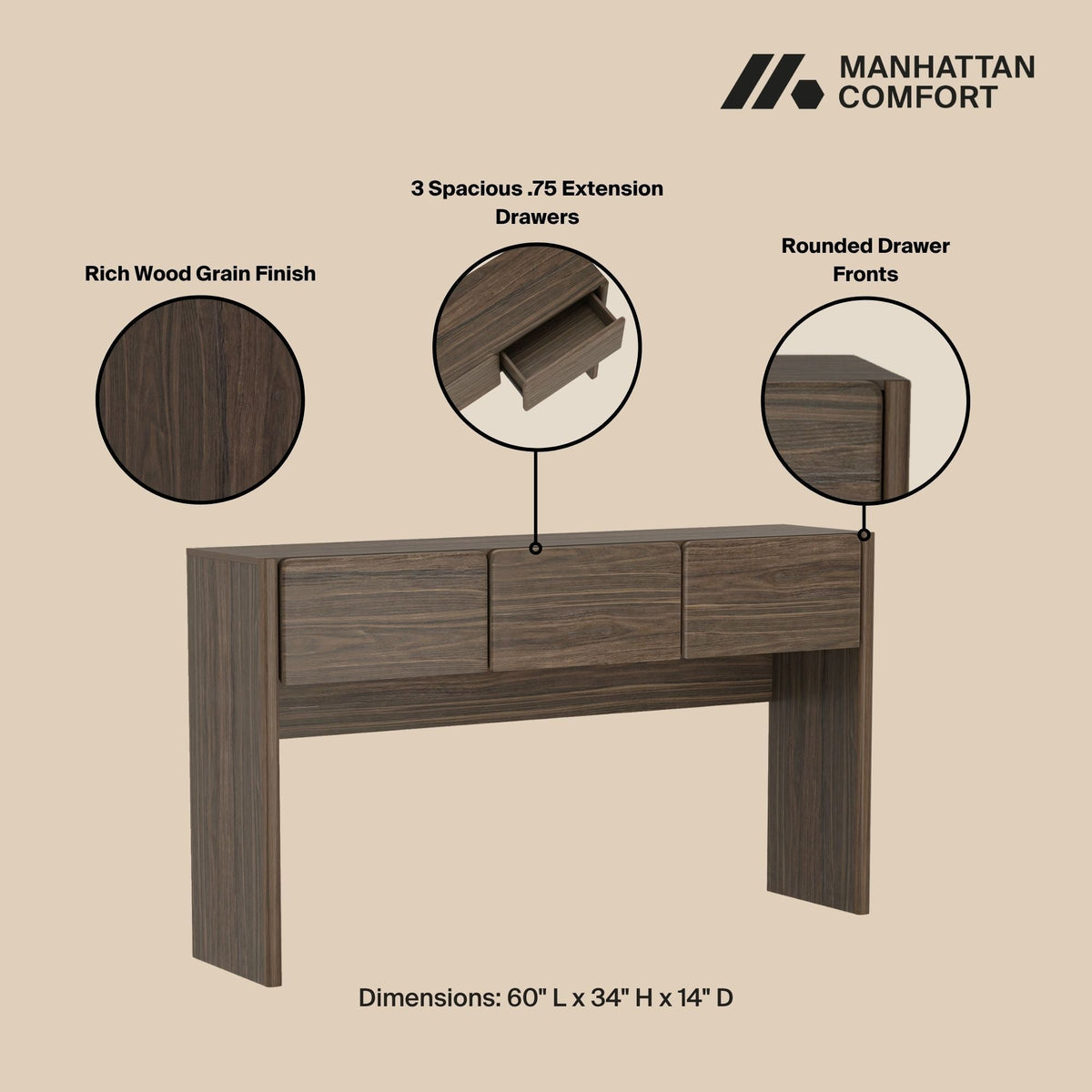Linda Console Table with Three-Drawer Storage in rich wood grain finish by HouseOfZazla 60x34x14 on Tampa Home & Garden Store