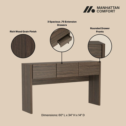 Linda Console Table with Three-Drawer Storage in rich wood grain finish by HouseOfZazla 60x34x14 on Tampa Home & Garden Store