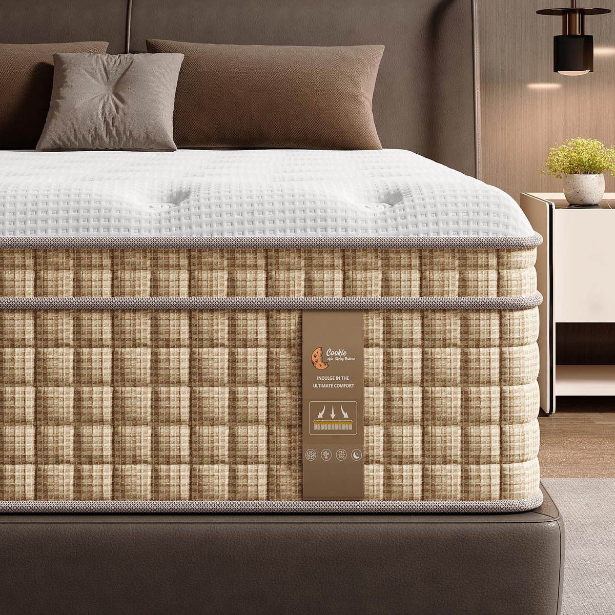 HouseOfZazla 14in hybrid mattress with innerspring and gel memory foam on a beige plaid base on Tampa Home & Garden Store