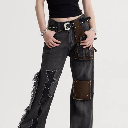 Women's American-style Retro Tassel Patch Stitching Jeans by FLIPSTYLEZLLC, suede patches on Tampa Home & Garden Store