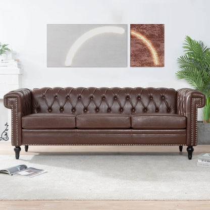 Traditional square-arm 3 seater sofa in brown leather with removable cushions and nailhead trim on Tampa Home & Garden Store
