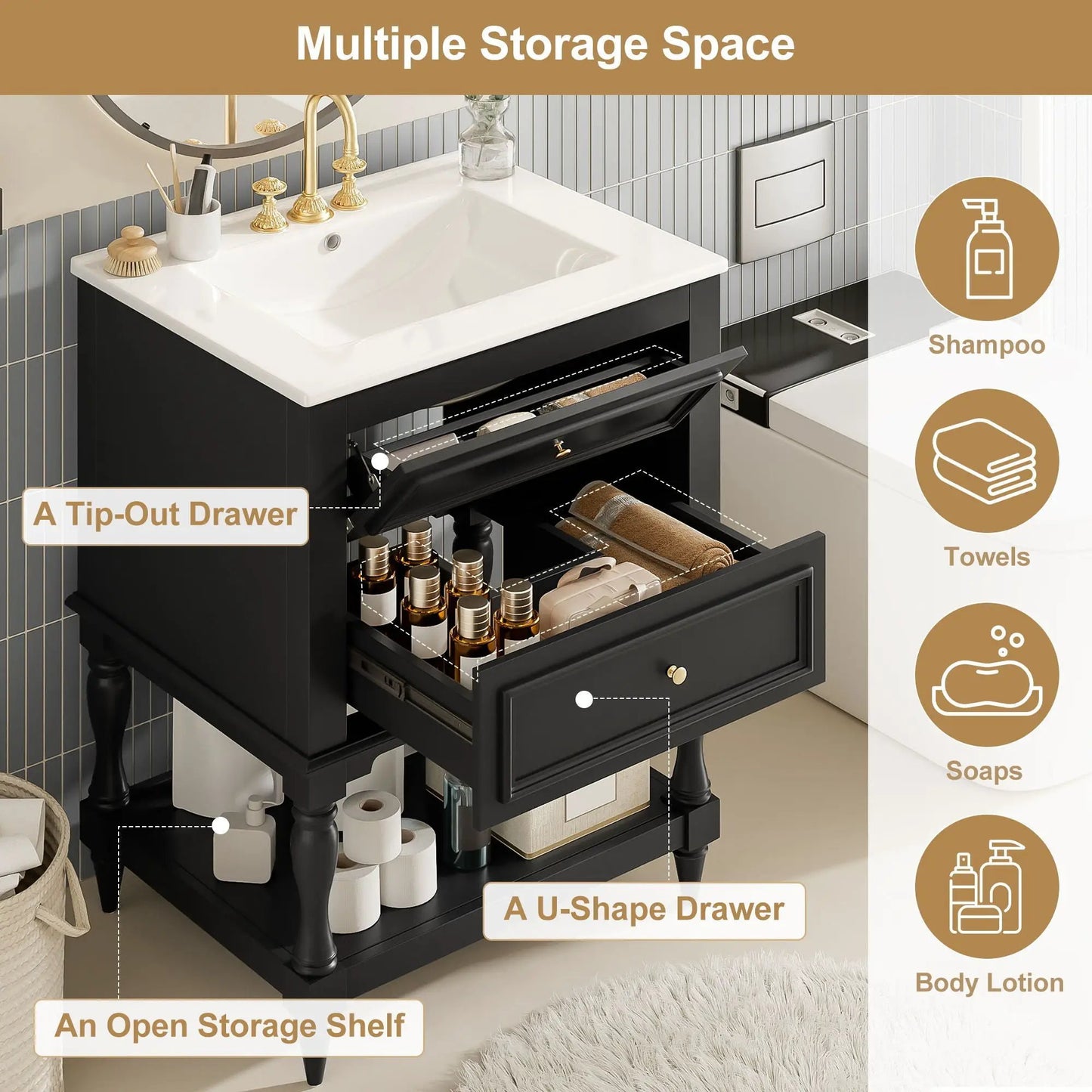 Bathroom Vanity Sink and Two Drawers Storage