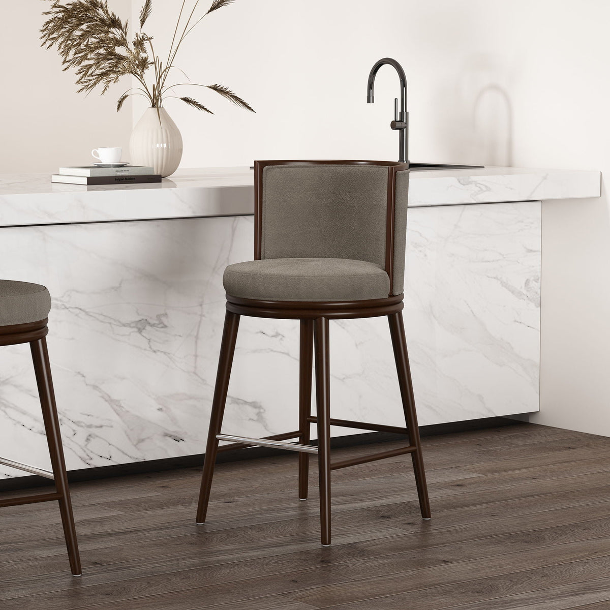 Evalyn Dove Barstool greige fabric bar-height 28–30 stainless steel footrest set of 2 on Tampa Home & Garden Store