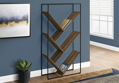 3-tier wood etagere bookshelf with zigzag shelves, black metal frame in a blue-walled modern office on Tampa Home & Garden Store
