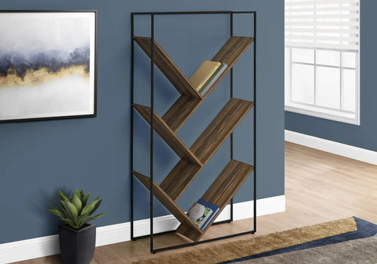 3-tier wood etagere bookshelf with zigzag shelves, black metal frame in a blue-walled modern office on Tampa Home & Garden Store