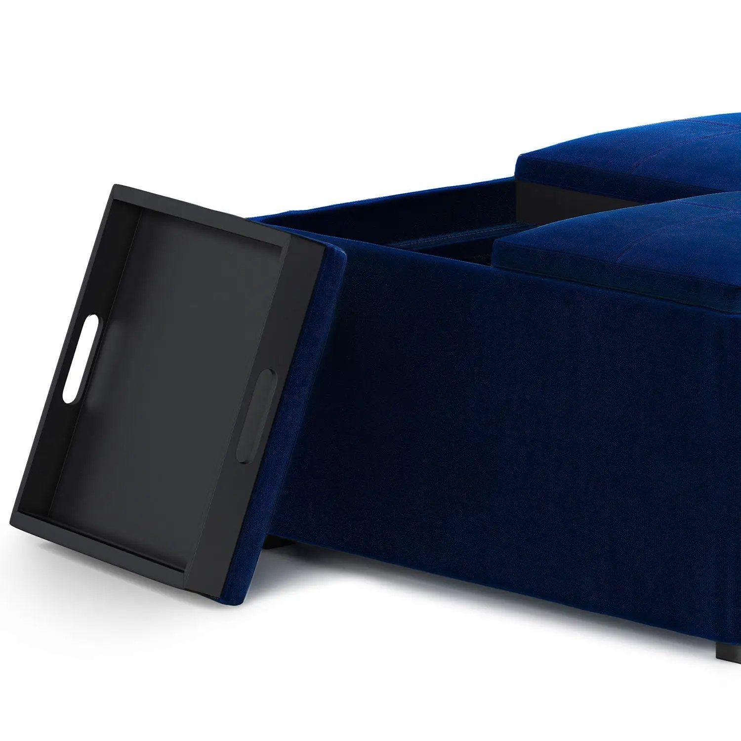 Avalon square blue velvet storage ottoman coffee table with a black pull-out tray on Tampa Home & Garden Store