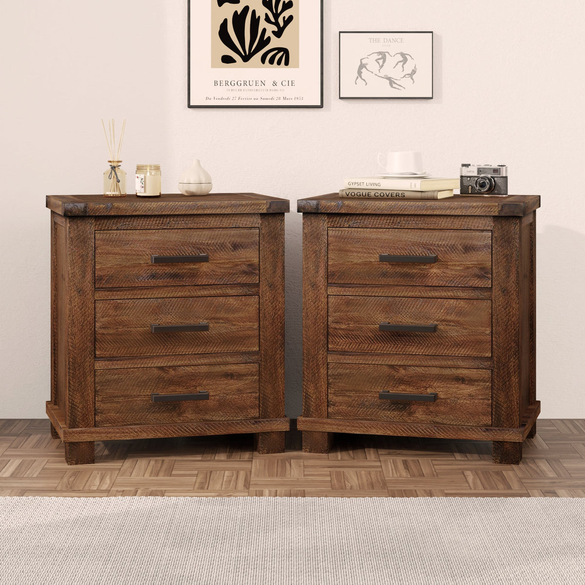 Rustic reclaimed wood three-drawer nightstands pair with dark finish on Tampa Home & Garden Store