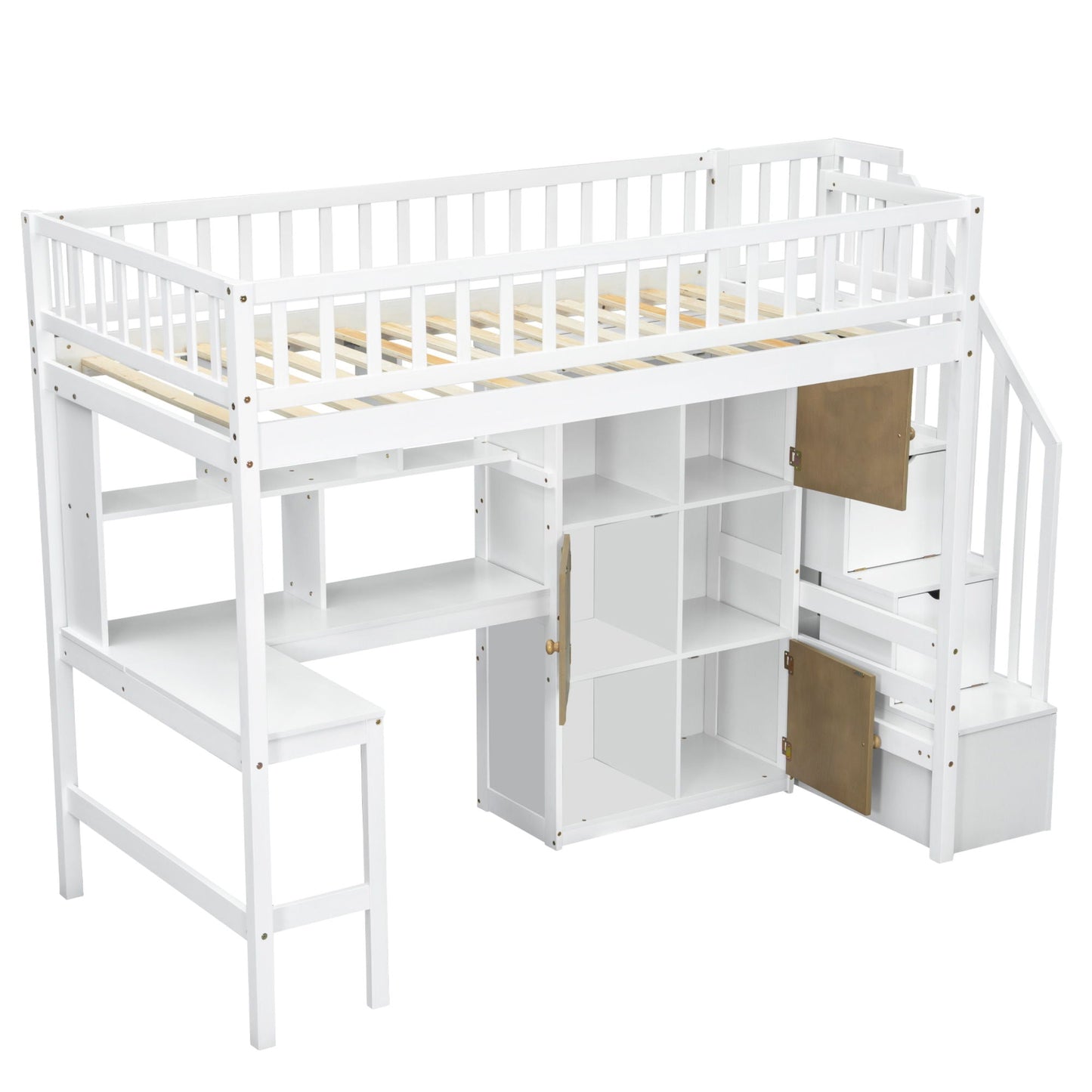 Loft bed with built-in L-shaped desk, white finish, storage shelves and staircase on Tampa Home & Garden Store
