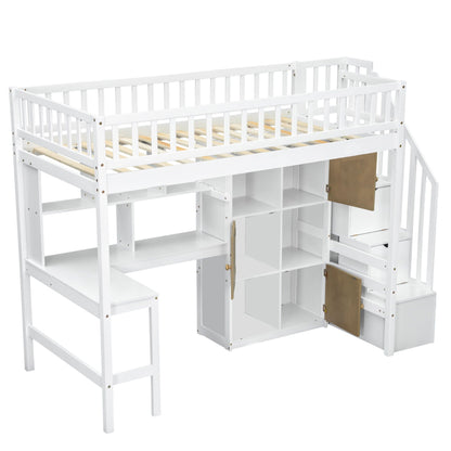 Loft bed with built-in L-shaped desk, white finish, storage shelves and staircase on Tampa Home & Garden Store