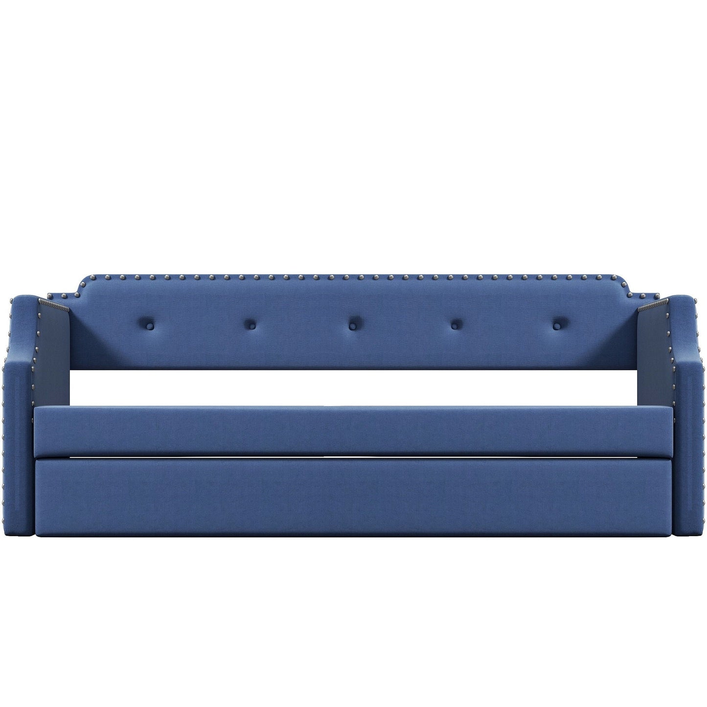 Upholstered daybed with trundle in blue faux leather, silver nailhead trim along back and arms on Tampa Home & Garden Store