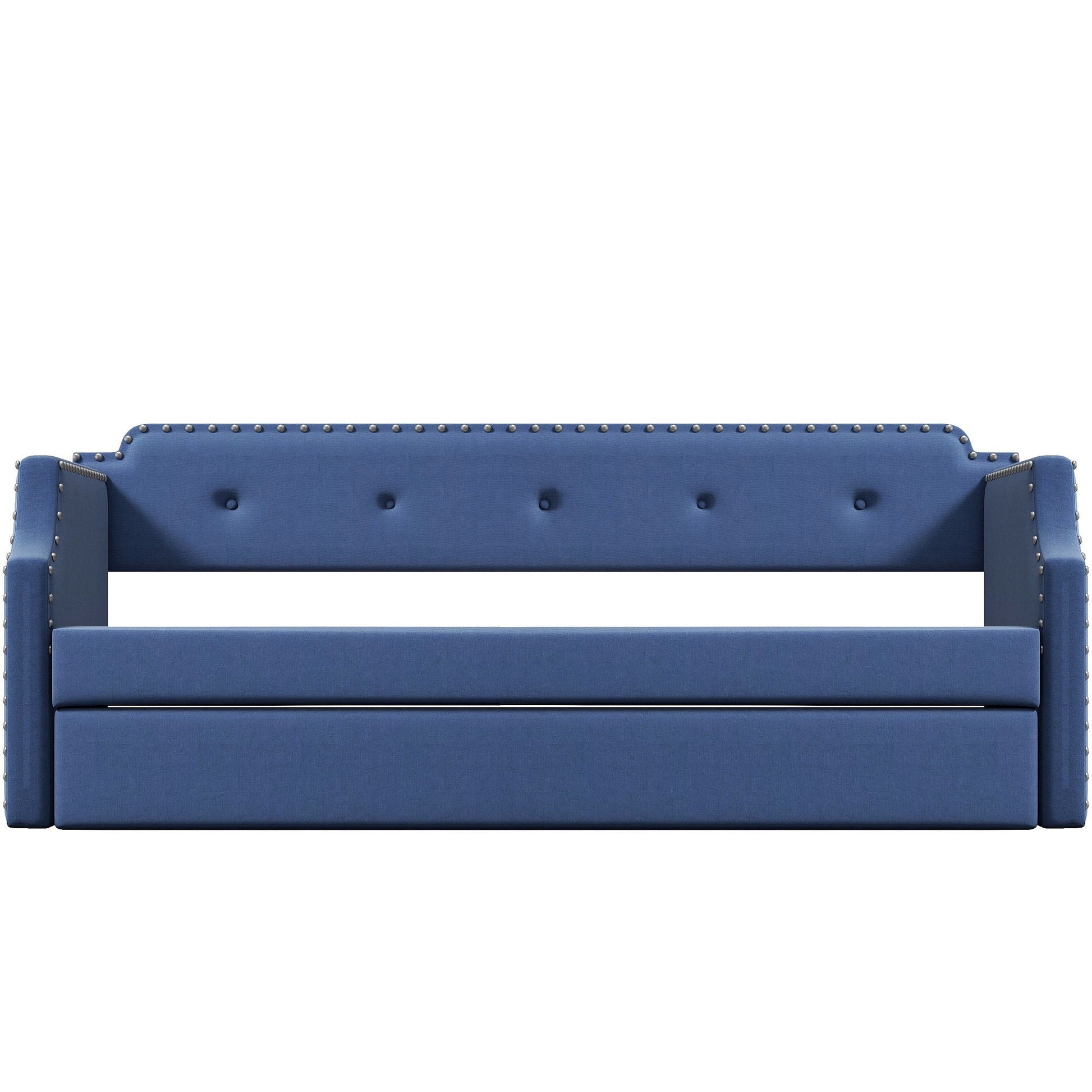 Upholstered daybed with trundle in blue faux leather, silver nailhead trim along back and arms on Tampa Home & Garden Store
