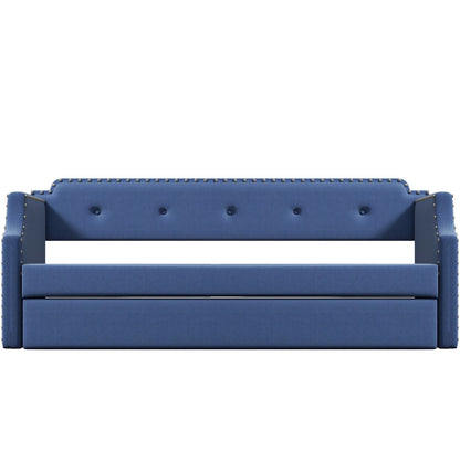 Upholstered daybed with trundle in blue faux leather, silver nailhead trim along back and arms on Tampa Home & Garden Store