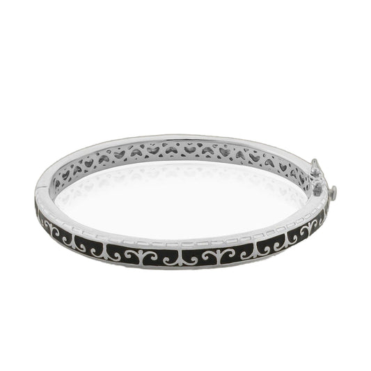 Renaissance Style Bangle by Lauren G Adams, silver-toned bracelet with black enamel scroll pattern on Tampa Home & Garden Store