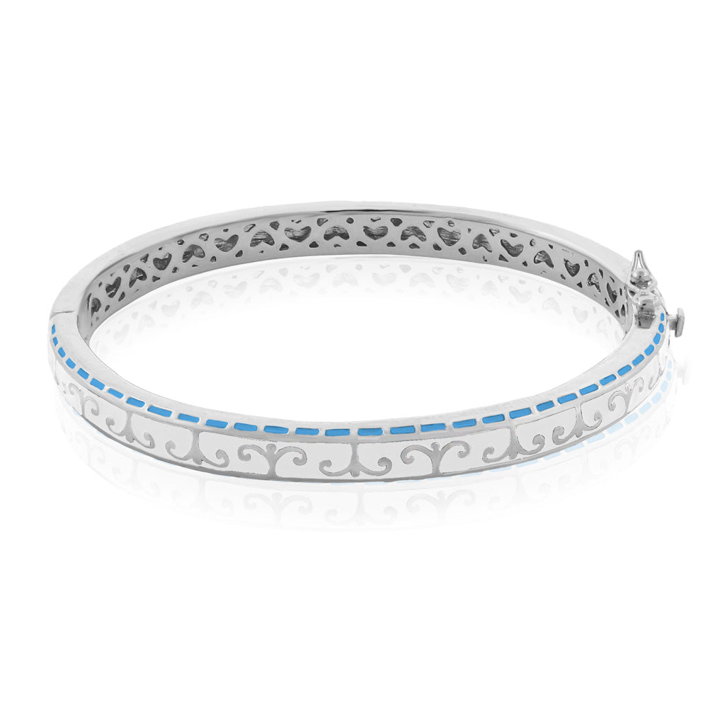 Renaissance Style Bangle bracelet with silver-tone metal, blue enamel border and scrollwork on Tampa Home & Garden Store