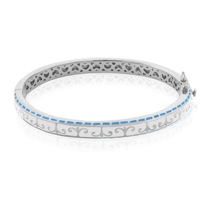 Renaissance Style Bangle bracelet with silver-tone metal, blue enamel border and scrollwork on Tampa Home & Garden Store