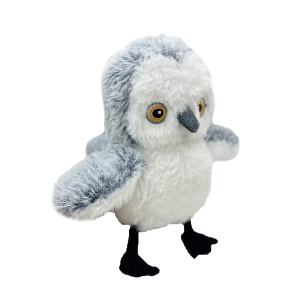 Plush interactive cat toy bird in grey and white with yellow eyes and black feet on Tampa Home & Garden Store