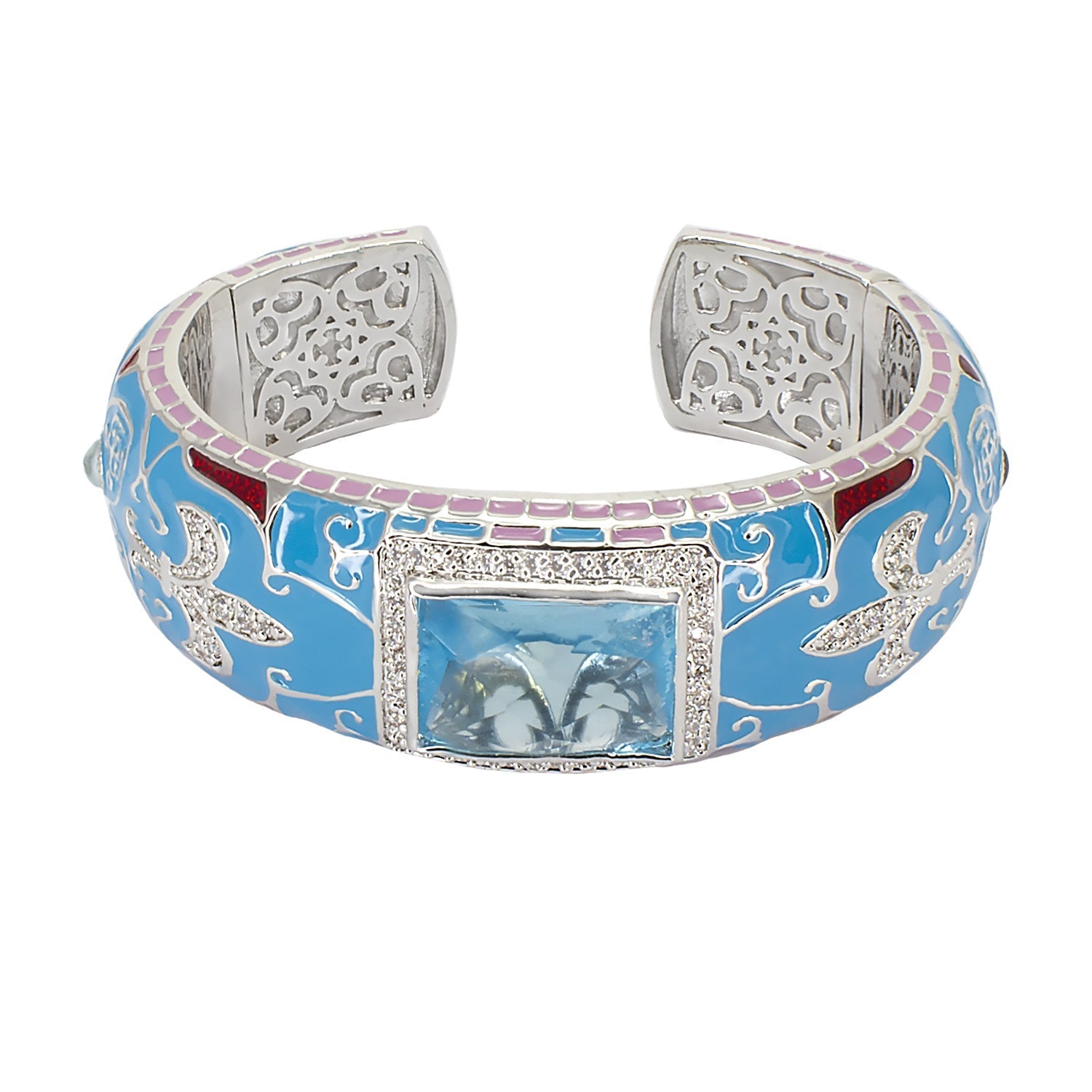 Renaissance Bangle by Lauren G Adams in blue enamel with pink mosaic edge and blue gemstone on Tampa Home & Garden Store