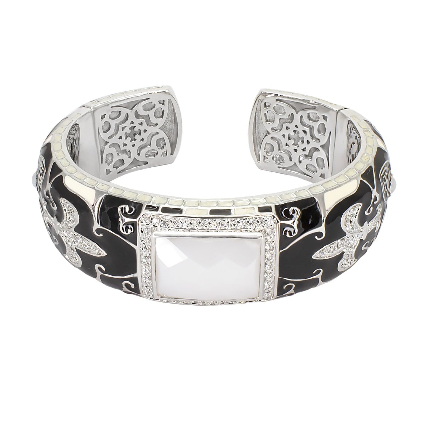 Renaissance Bangle by Lauren G Adams, black enamel and silver filigree with square center stone on Tampa Home & Garden Store