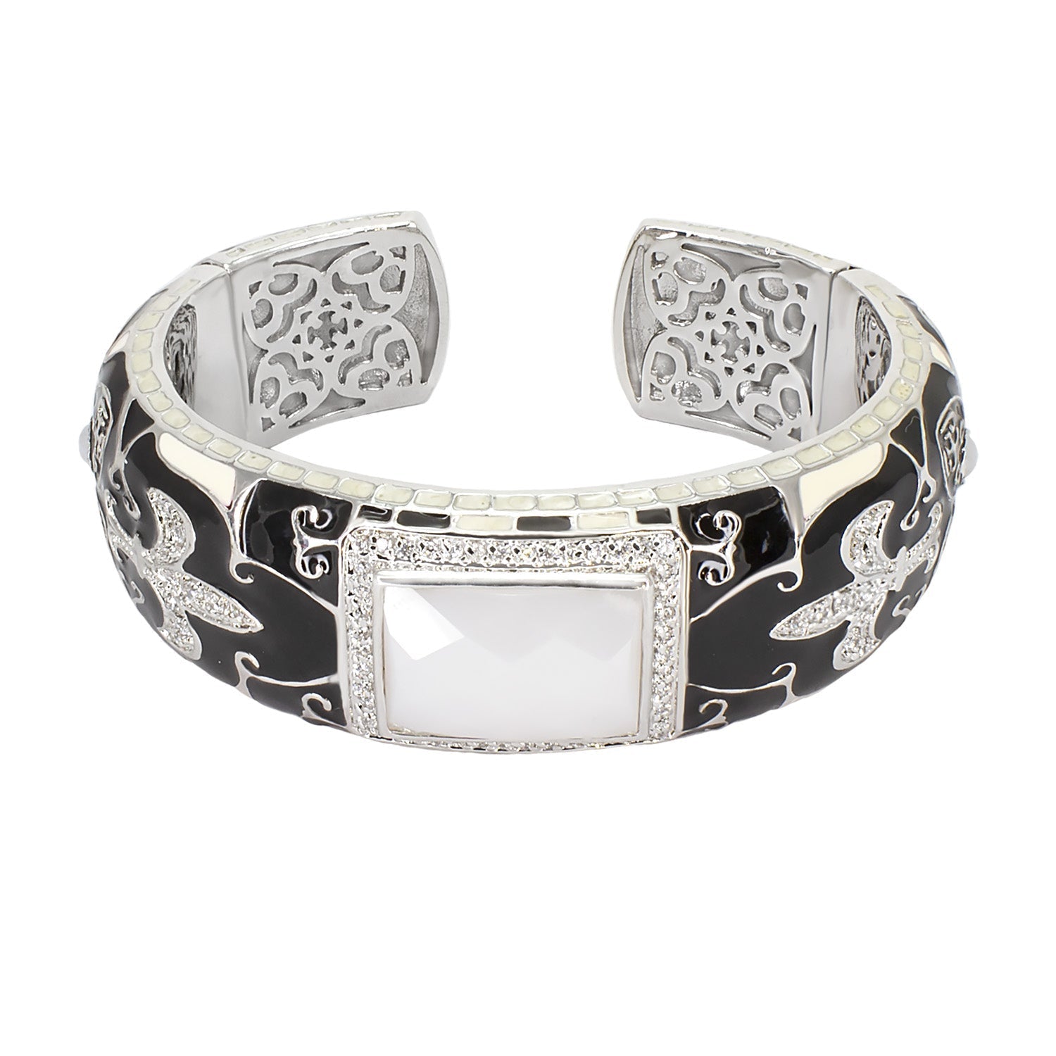 Renaissance Bangle by Lauren G Adams, black enamel and silver filigree with square center stone on Tampa Home & Garden Store