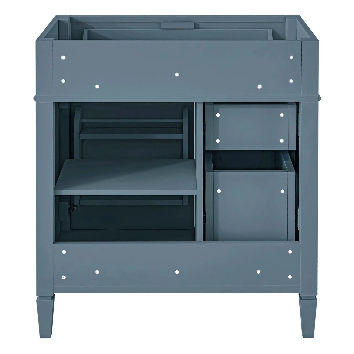 Bathroom vanity with 2 drawers and tip-out drawer in blue gray finish vanity base on Tampa Home & Garden Store