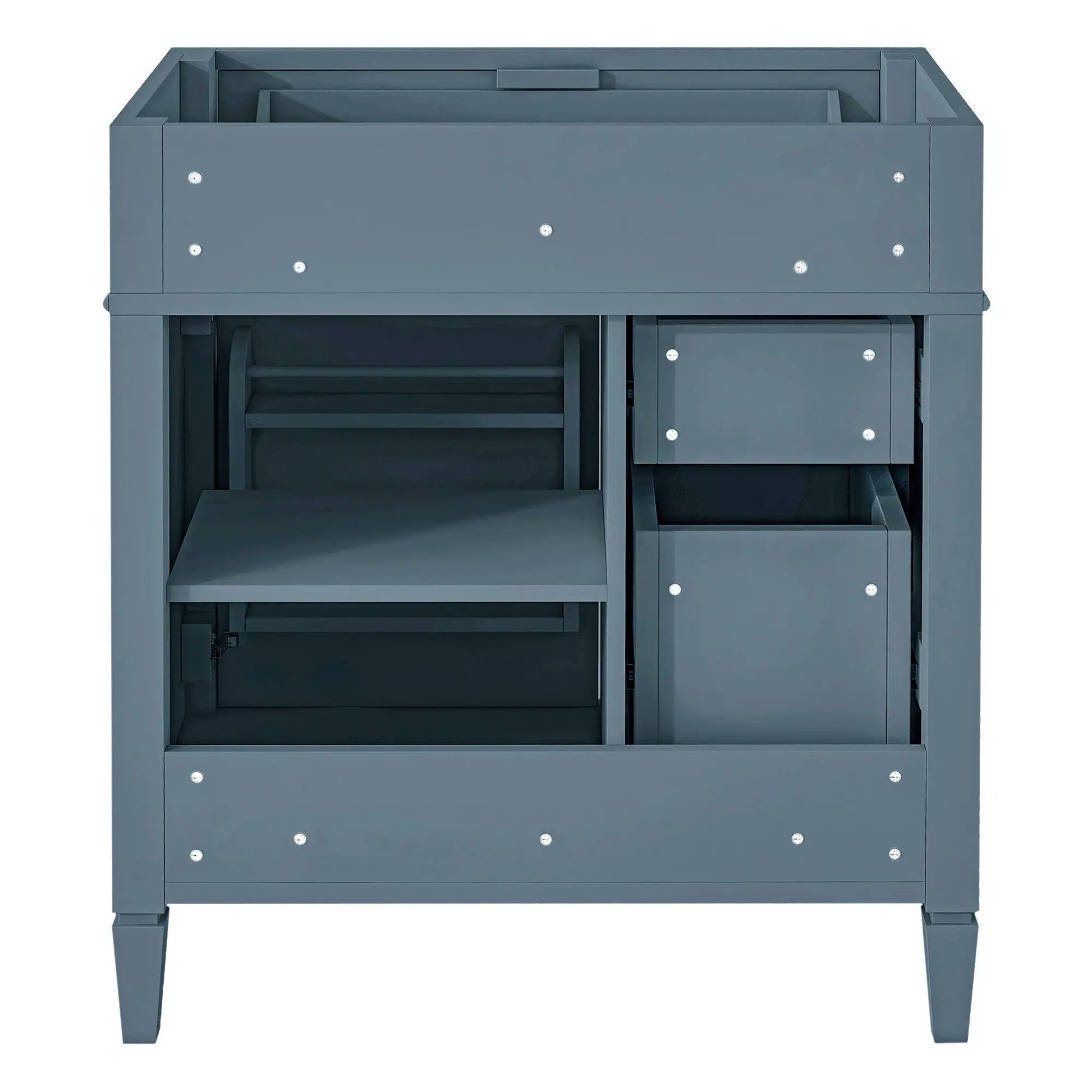 Bathroom vanity with 2 drawers and tip-out drawer in blue gray finish vanity base on Tampa Home & Garden Store