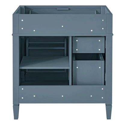 Bathroom vanity with 2 drawers and tip-out drawer in blue gray finish vanity base on Tampa Home & Garden Store