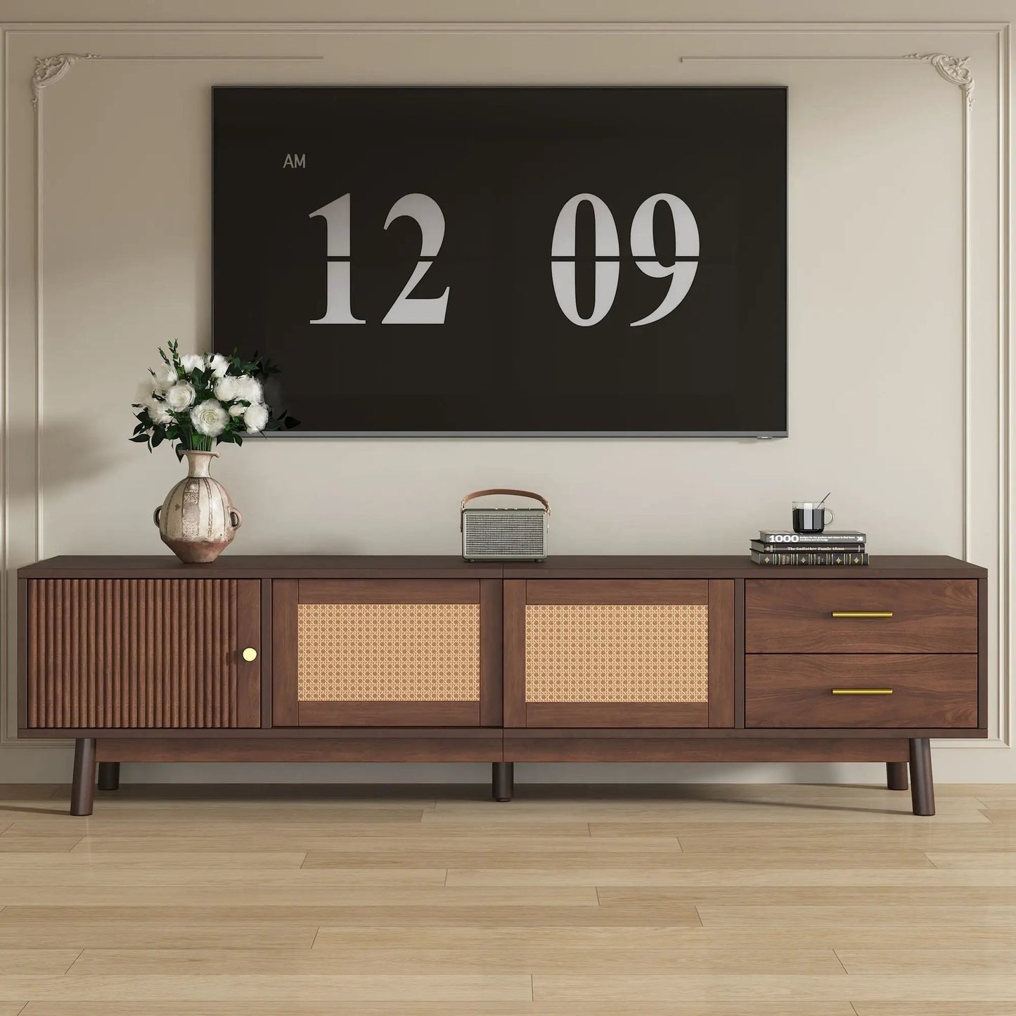 TV stand for 80in TVs with sliding doors and drawers, dark brown by Unique Piece Furniture on Tampa Home & Garden Store