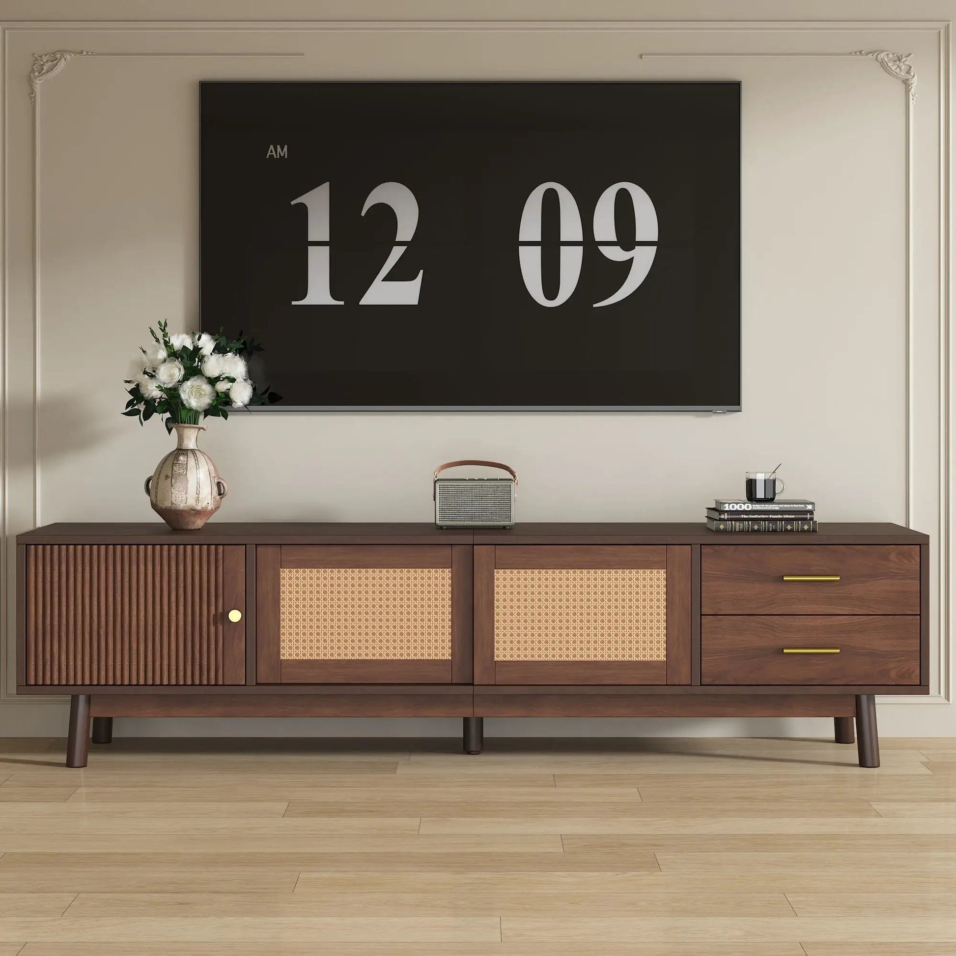 TV stand for 80in TVs with sliding doors and drawers, dark brown by Unique Piece Furniture on Tampa Home & Garden Store