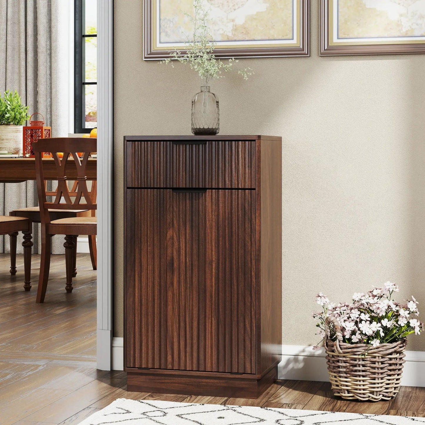 Tilt Out Trash Can Cabinet with wave-textured drawer and pull-out bin in dark wood on Tampa Home & Garden Store