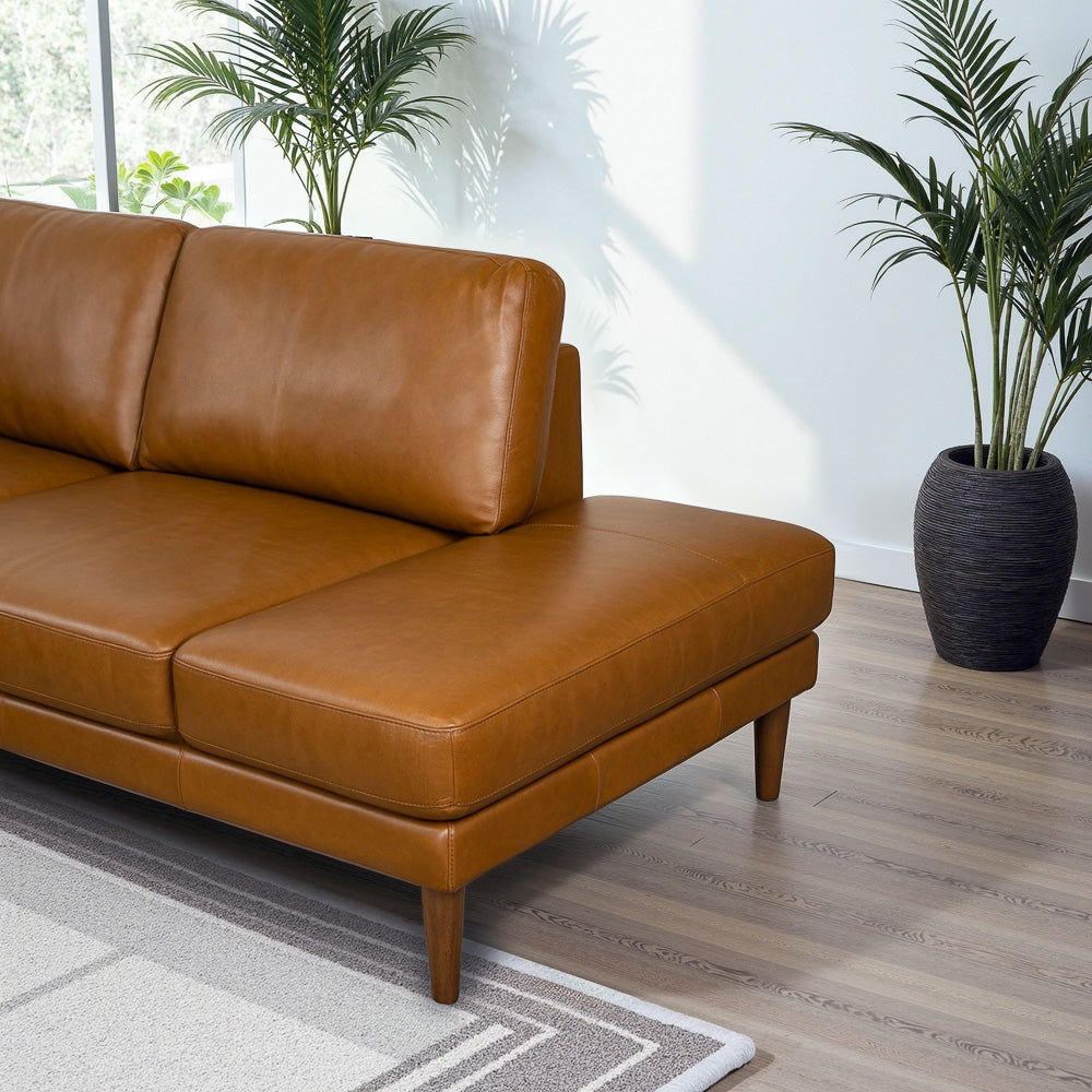 Corbin L-shaped sectional sofa caramel brown leather with wooden legs by HouseOfZazla on Tampa Home & Garden Store