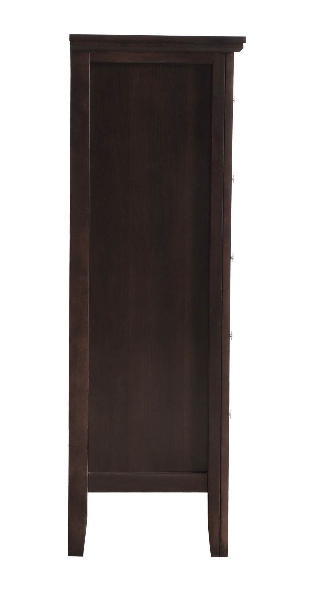 Primo Accent Chest dark brown finish, tall narrow accent chest with side drawers and metal pulls on Tampa Home & Garden Store