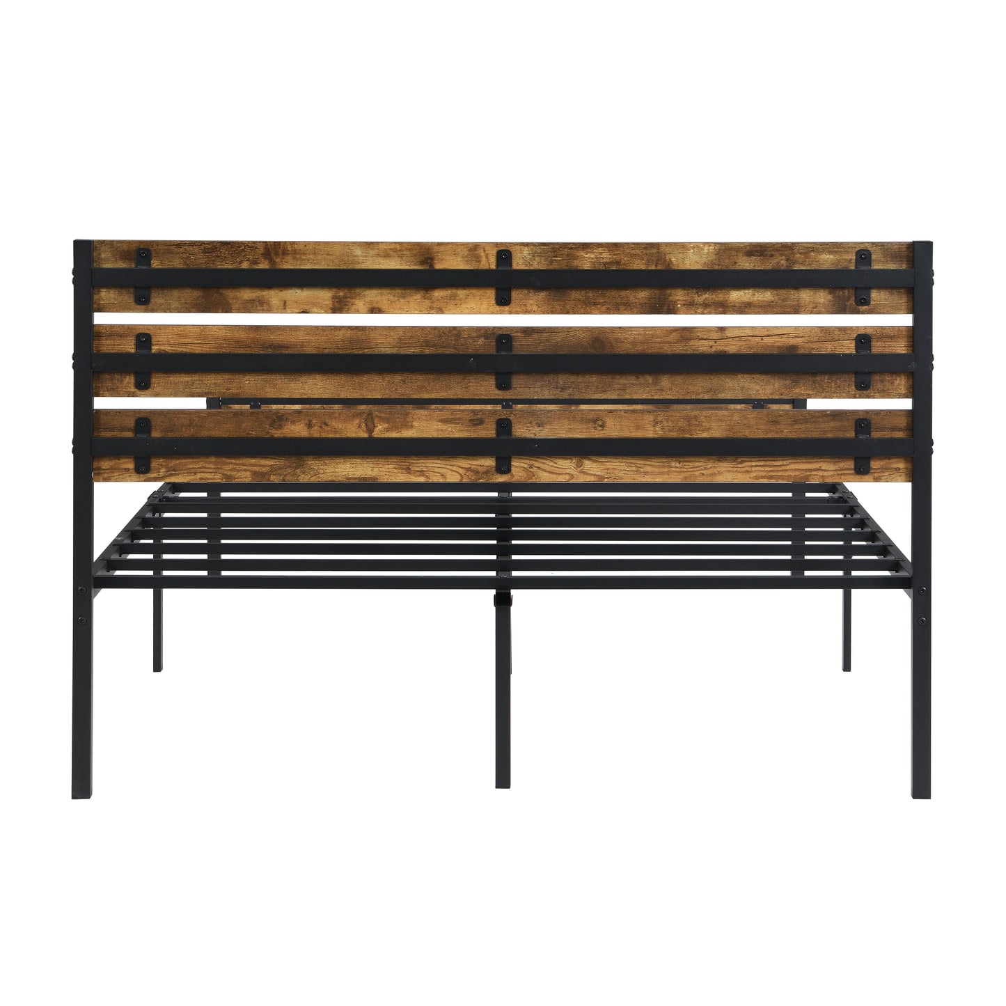 Full size bed frame with wood headboard, stained wood and black metal frame HouseOfZazla on Tampa Home & Garden Store