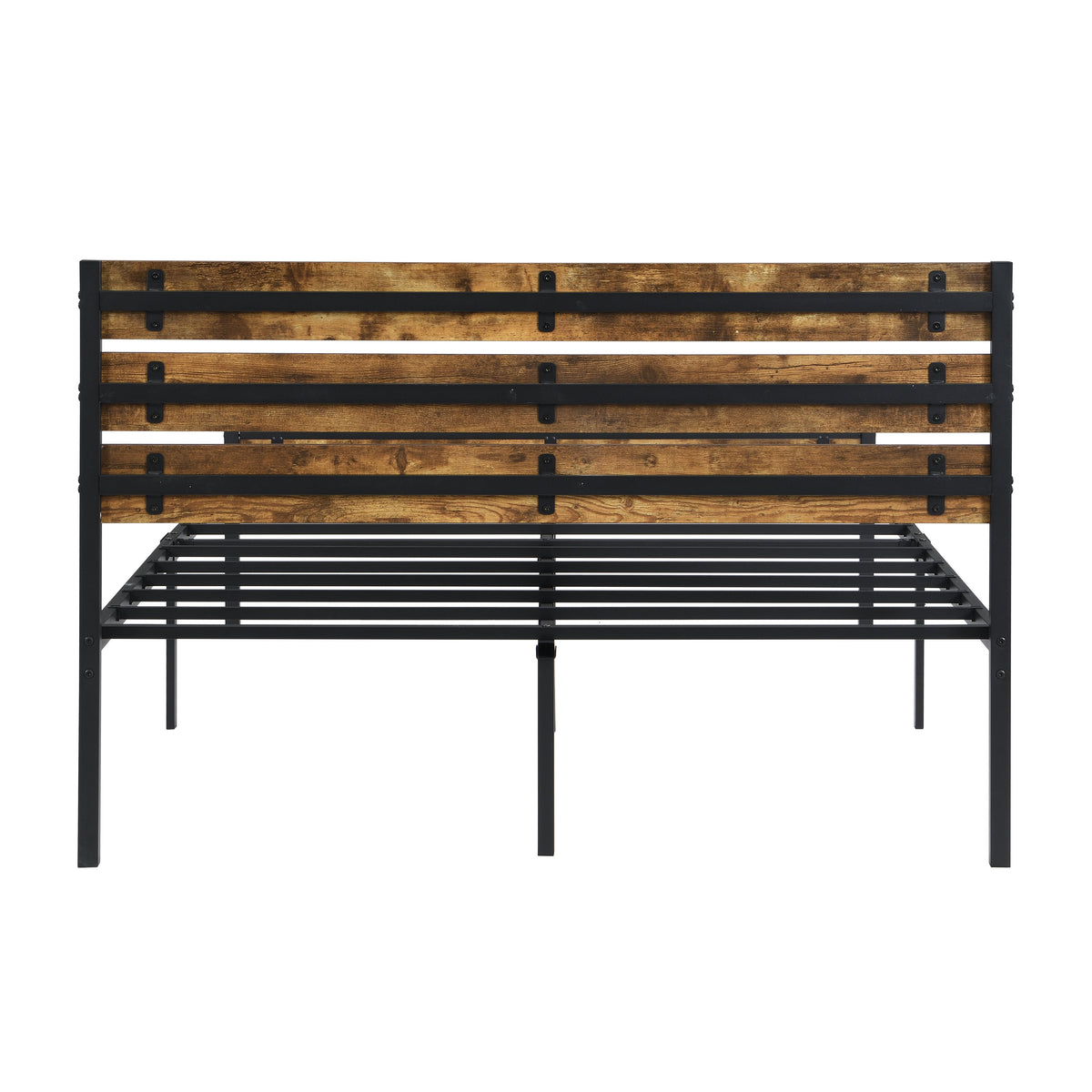 Full size bed frame with wood headboard, stained wood and black metal frame HouseOfZazla on Tampa Home & Garden Store