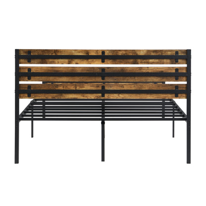 Full size bed frame with wood headboard, stained wood and black metal frame HouseOfZazla on Tampa Home & Garden Store