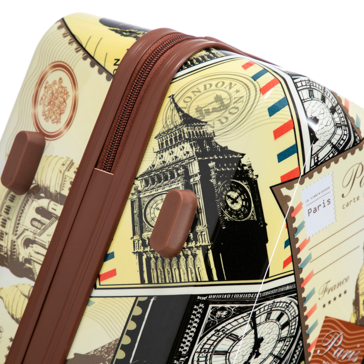 3-Piece PC Spinner Luggage Set with printed travel pattern by HouseOfZazla; yellow shells, brown zippers and handles on Tampa Home & Garden Store