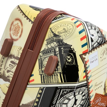 3-Piece PC Spinner Luggage Set with printed travel pattern by HouseOfZazla; yellow shells, brown zippers and handles on Tampa Home & Garden Store