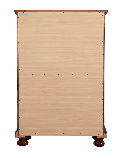 Meade Chest with Felt-Lined Top Drawer, light brown veneer accent chest with bun feet back view on Tampa Home & Garden Store