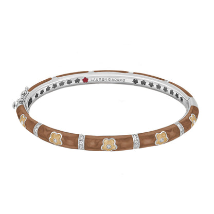 Daisy Love Stackable Bangle by Lauren G Adams in brown leather with silver-tone flower accents on Tampa Home & Garden Store