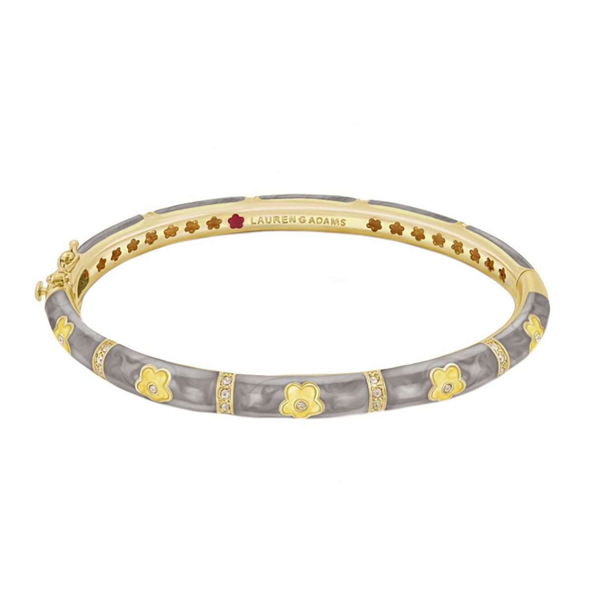 Daisy Love Stackable Bangle in gold with grey marbled enamel, flower motifs and crystal accents on Tampa Home & Garden Store