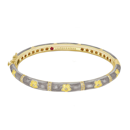 Daisy Love Stackable Bangle in gold with grey marbled enamel, flower motifs and crystal accents on Tampa Home & Garden Store