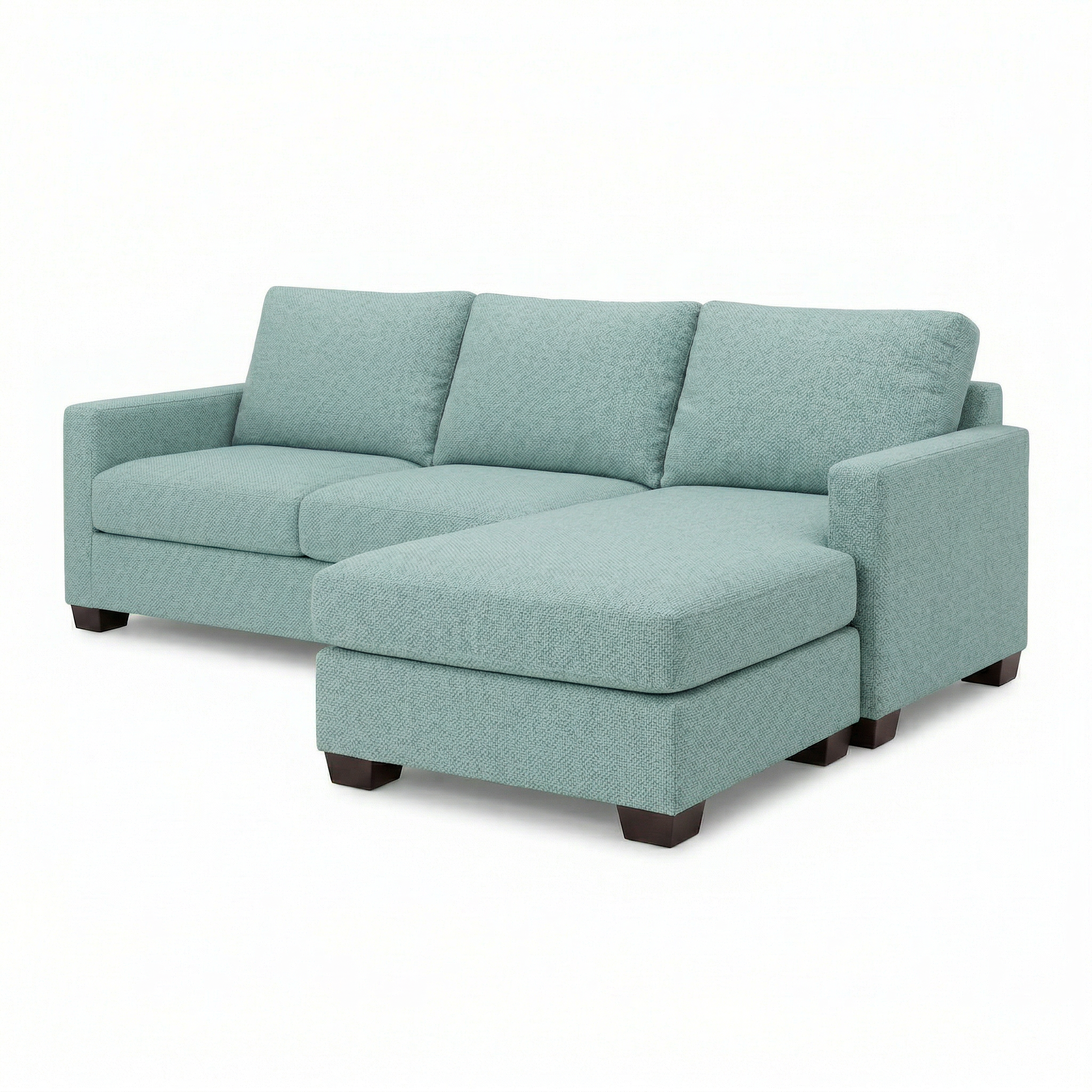 Modena Sectional Sofa teal textured fabric, L-shaped with three cushions and dark wood feet on Tampa Home & Garden Store