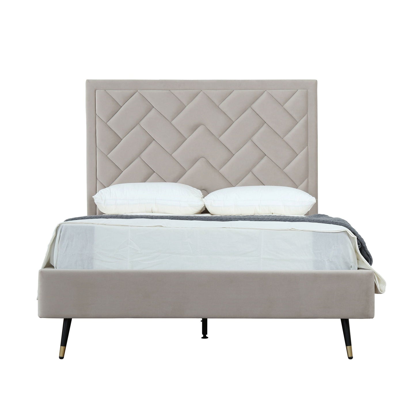 Crosby bed with upholstered diamond headboard and slats in beige taupe with black legs on Tampa Home & Garden Store