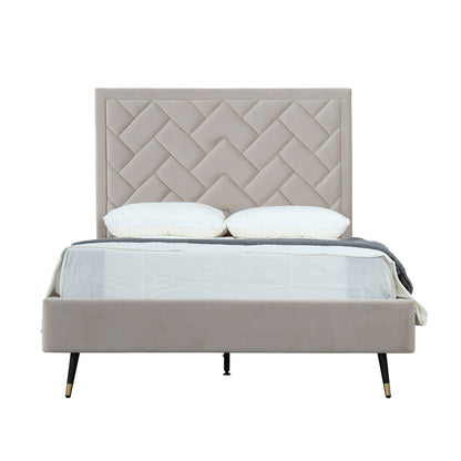 Crosby bed with upholstered diamond headboard and slats in beige taupe with black legs on Tampa Home & Garden Store