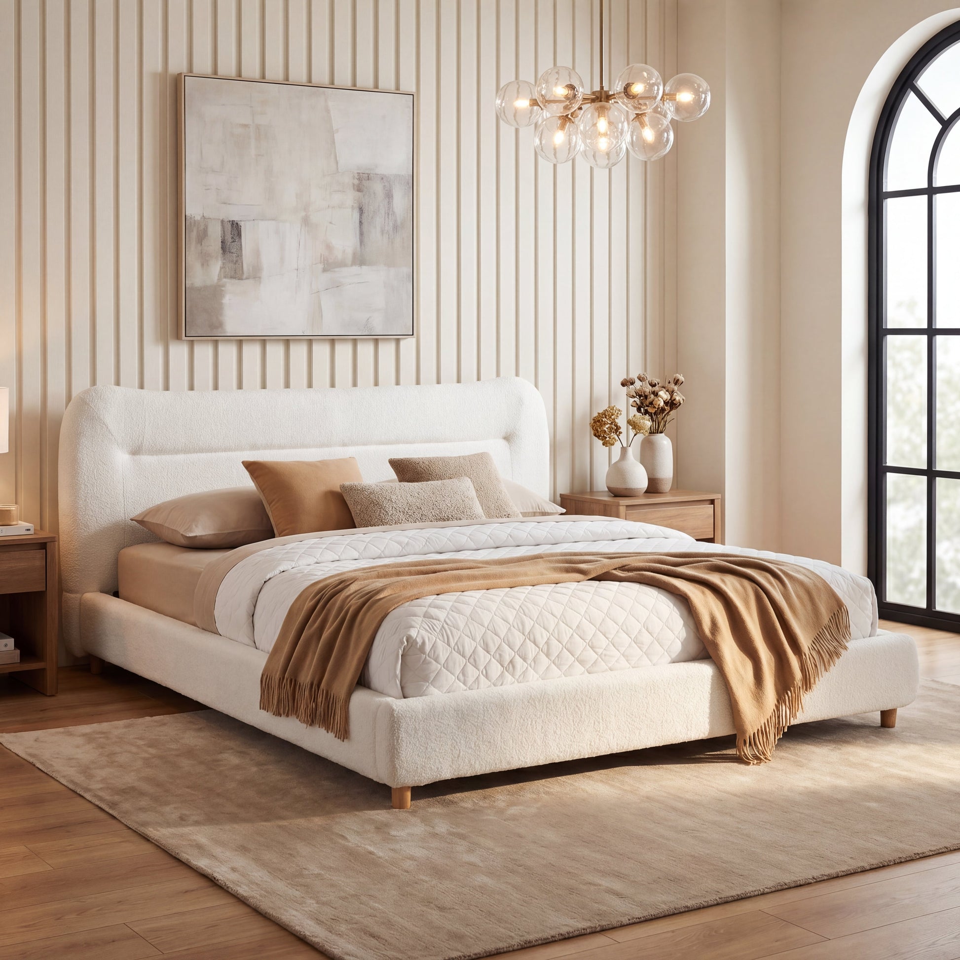 Minimalist curved teddy bear plush queen bed headboard in cream upholstery on Tampa Home & Garden Store