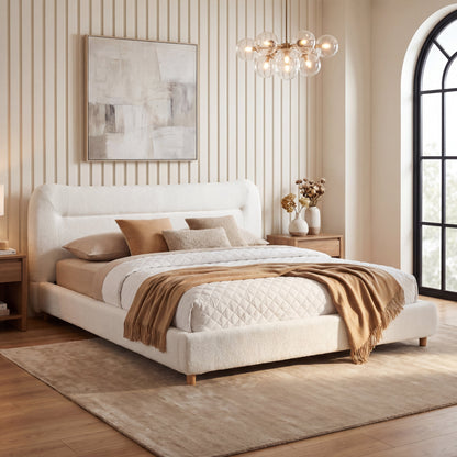 Minimalist curved teddy bear plush queen bed headboard in cream upholstery on Tampa Home & Garden Store